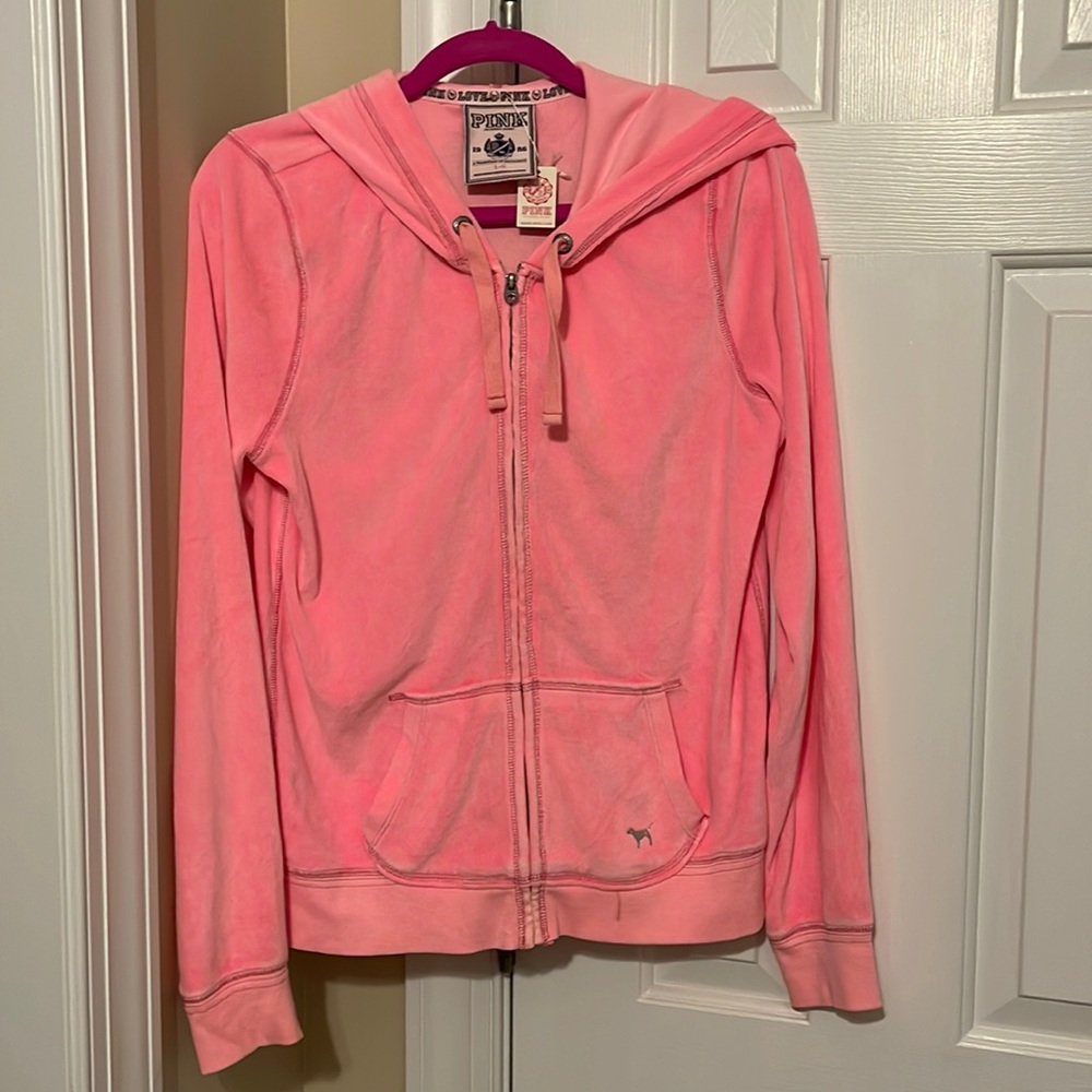 Vintage pink Victorias Secret PINK collection velour zip up hoodie size L